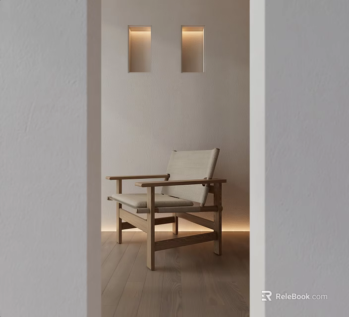 Minimalist Lounge Chair With Light Fabric And Wooden Frame In Neutral Interior With Wall Sconces 3d model 