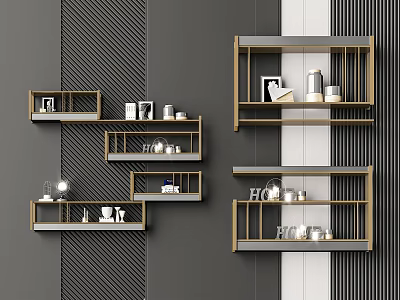Modern Layered Wooden Wall Shelves with Decorative Items on Dark Striped Wall 3d model