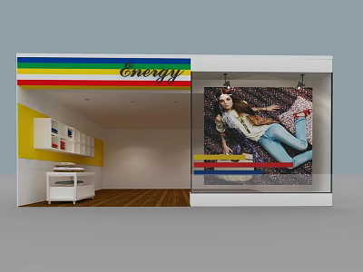 Energy Shop Window Featuring Female Model Poster Colorful Stripes Yellow Wall White Shelves Wooden Floor 3d model