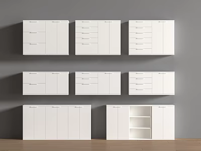 Modern White File Cabinets With Drawers And Doors Mounted On Gray Wall Wooden Floor 3d model
