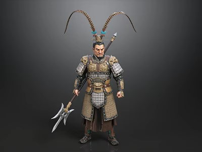Man in Detailed Ancient Warrior Armor with Horned Headdress Holding Spear 3d model