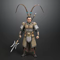 Man in Detailed Ancient Warrior Armor with Horned Headdress Holding Spear