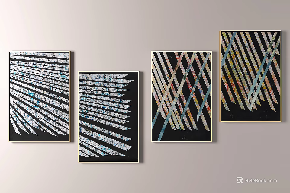 Abstract Paintings With Intersecting Line Patterns And Colorful Stripes For Wall Decor 3d model