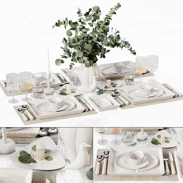 Stylish White Tableware Set With Dinner Plates Bowls Cups Utensils And Eucalyptus Decor 3d model 