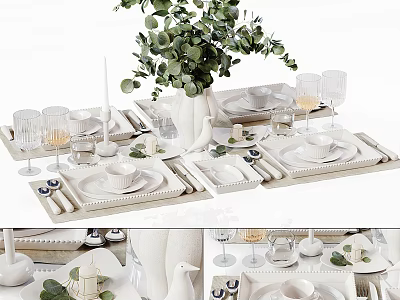 Stylish White Tableware Set With Dinner Plates Bowls Cups Utensils And Eucalyptus Decor 3d model
