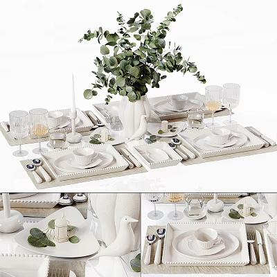 Stylish White Tableware Set With Dinner Plates Bowls Cups Utensils And Eucalyptus Decor 3d model