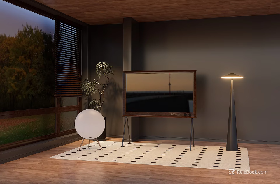 Dark Wall Living Room With Wooden Floor Patterned Rug TV And Floor Lamp 3d model 