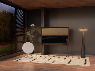 Dark Wall Living Room With Wooden Floor Patterned Rug TV And Floor Lamp 3d model