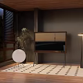 Dark Wall Living Room With Wooden Floor Patterned Rug TV And Floor Lamp
