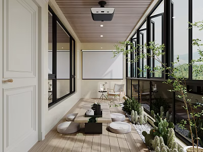 Modern Home Balcony Design With Wooden Floor Green Plants And Projector Screen 3d model