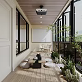 Modern Home Balcony Design With Wooden Floor Green Plants And Projector Screen