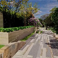 Serene Garden Landscape With Stone Pathway Lush Greenery Colorful Flowers And Visitor Walking