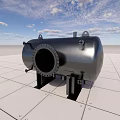 Metallic Industrial Tank Structure Placed On White Grid Floor With Blue Sky Background