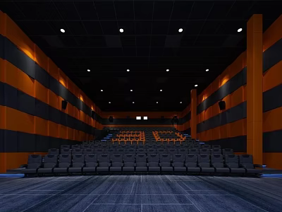 Cinema Interior With Rows Of Black Seats Orange Walls And Ceiling Lights 3d model