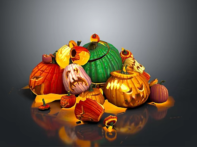 Halloween Themed Carved Pumpkins Display With Various Colors Shapes And Reflective Background 3d model