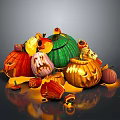 Halloween Themed Carved Pumpkins Display With Various Colors Shapes And Reflective Background
