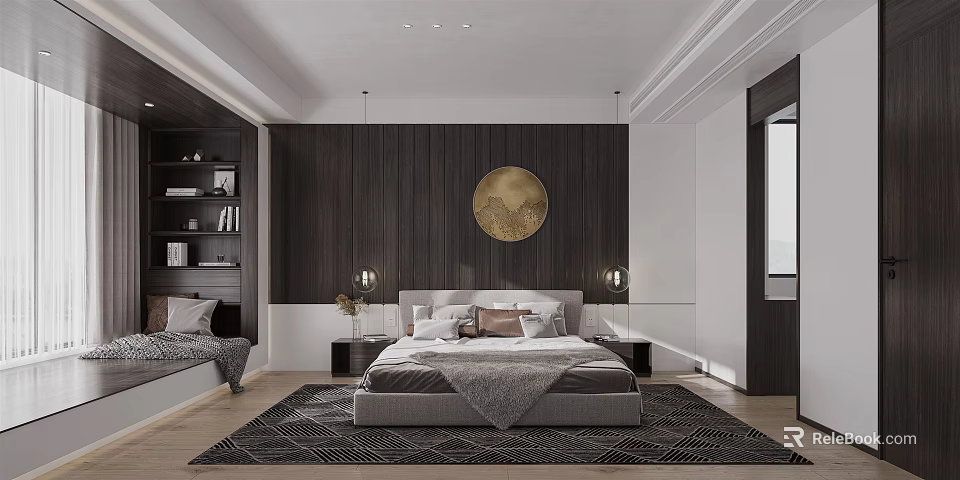 Modern Bedroom Interior Design With Dark Wooden Wall Circular Gold Decor And Geometric Rug 3d model 