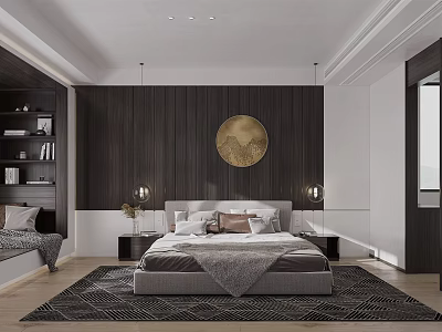 Modern Bedroom Interior Design With Dark Wooden Wall Circular Gold Decor And Geometric Rug 3d model
