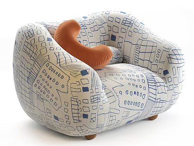 Single Sofa Featuring Blue and White Geometric Pattern with Orange Cushion and Wooden Legs 3d model