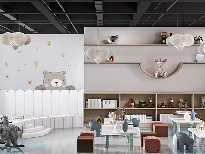 Kids Playroom With Bear Mural Shelves And Toys 3d model