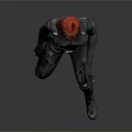 Woman With Red Hair In Black Tight Suit Kneeling Pose With Belt And Gloves