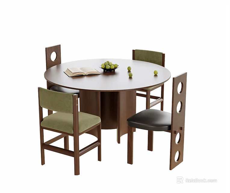 Round Wooden Table with Four Chairs Green Black Seats Round Back Holes Book Fruit Bowl 3d model 