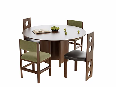Round Wooden Table with Four Chairs Green Black Seats Round Back Holes Book Fruit Bowl 3d model