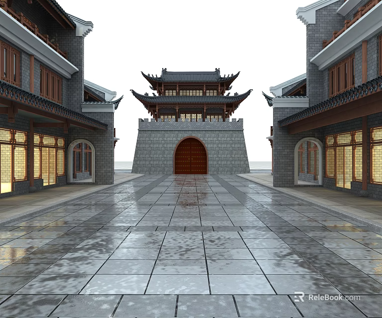 Traditional Chinese Commercial Street With Ancient Gate Tower Stone Pavement And Storefronts 3d model 