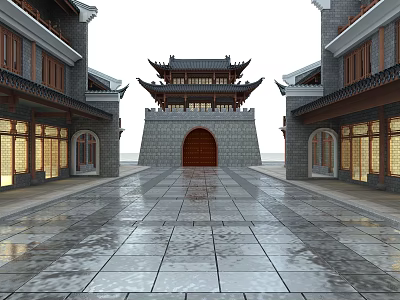 Traditional Chinese Commercial Street With Ancient Gate Tower Stone Pavement And Storefronts 3d model