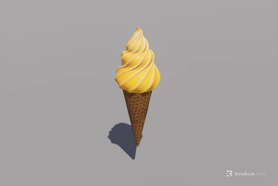 Yellow Swirled Soft Serve Ice Cream in Crispy Waffle Cone on Gray Background 3d model 
