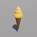 Yellow Swirled Soft Serve Ice Cream in Crispy Waffle Cone on Gray Background