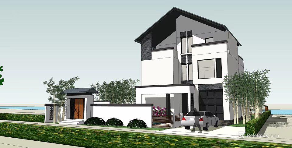 Modern Two Story Detached Villa With White Exterior Black Roof And Courtyard Greenery 3d model 