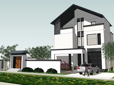 Modern Two Story Detached Villa With White Exterior Black Roof And Courtyard Greenery 3d model