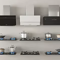 Various Kitchen Appliances Including Range Hoods Stoves And Pots In Modern Setup 3d model