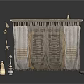 Textured Fabric Curtain With Patterned Design Hanging On Rod And Decorative Items