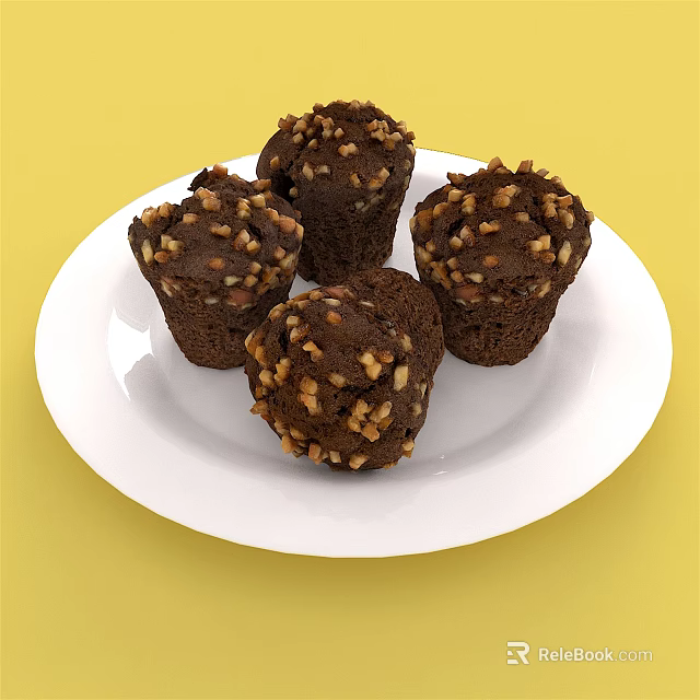 Delicious Chocolate Muffins With Walnut Topping On White Plate Yellow Background 3d model 