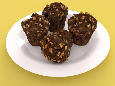 Delicious Chocolate Muffins With Walnut Topping On White Plate Yellow Background 3d model