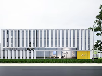 Modern Industrial Factory Exterior With Large Glass Windows White Frame And Yellow Entrance 3d model