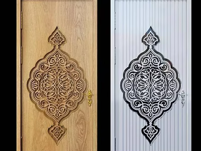 Elegant Wooden And White Hinged Doors With Intricate Carved Patterns And Handles 3d model