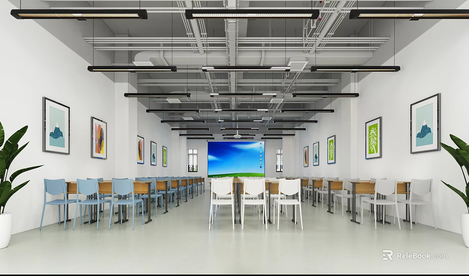 Bright Modern School Classroom With Large Screen Tables Chairs And Wall Paintings 3d model 