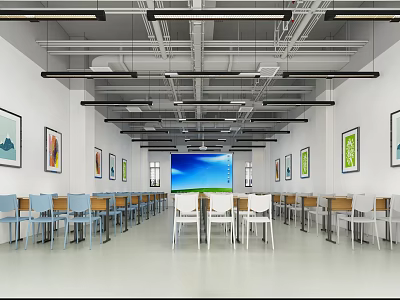 Bright Modern School Classroom With Large Screen Tables Chairs And Wall Paintings 3d model
