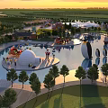 Fun Amusement Park with Water Pool Iceberg Structures Penguin Statues Colorful Rides Sunset Green Trees