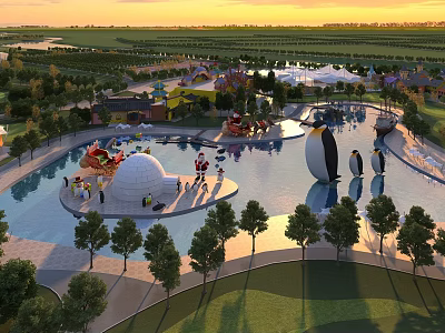 Fun Amusement Park with Water Pool Iceberg Structures Penguin Statues Colorful Rides Sunset Green Trees 3d model