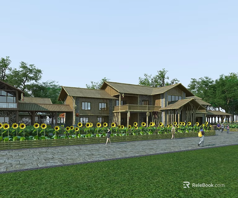Wooden Structure Office Building With Sunflower Field Surrounding Trees And People Walking 3d model 