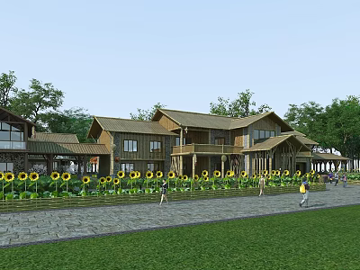 Wooden Structure Office Building With Sunflower Field Surrounding Trees And People Walking 3d model