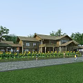 Wooden Structure Office Building With Sunflower Field Surrounding Trees And People Walking