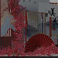 Chinese Style Photo Check In Spot With Red Screens Landscape Paintings Red Fans And Bench