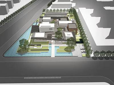 Modern New Chinese Architecture Aerial View With Courtyard Water Features And Greenery 3d model