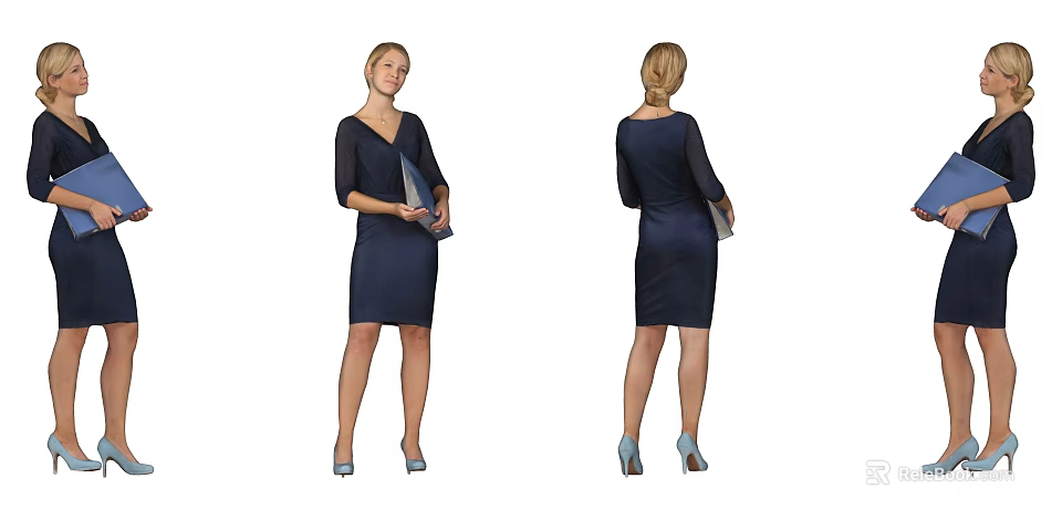Woman In Navy Blue Dress Holding Clutch With Light Blue Heels Front And Back View 3d model 