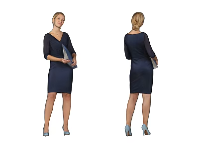 Woman In Navy Blue Dress Holding Clutch With Light Blue Heels Front And Back View 3d model